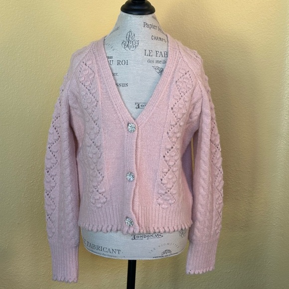 See And Be Seen Pink V-Neck Wool Blend Cable Knit Cardigan Small/Medium NWT - Picture 5 of 15